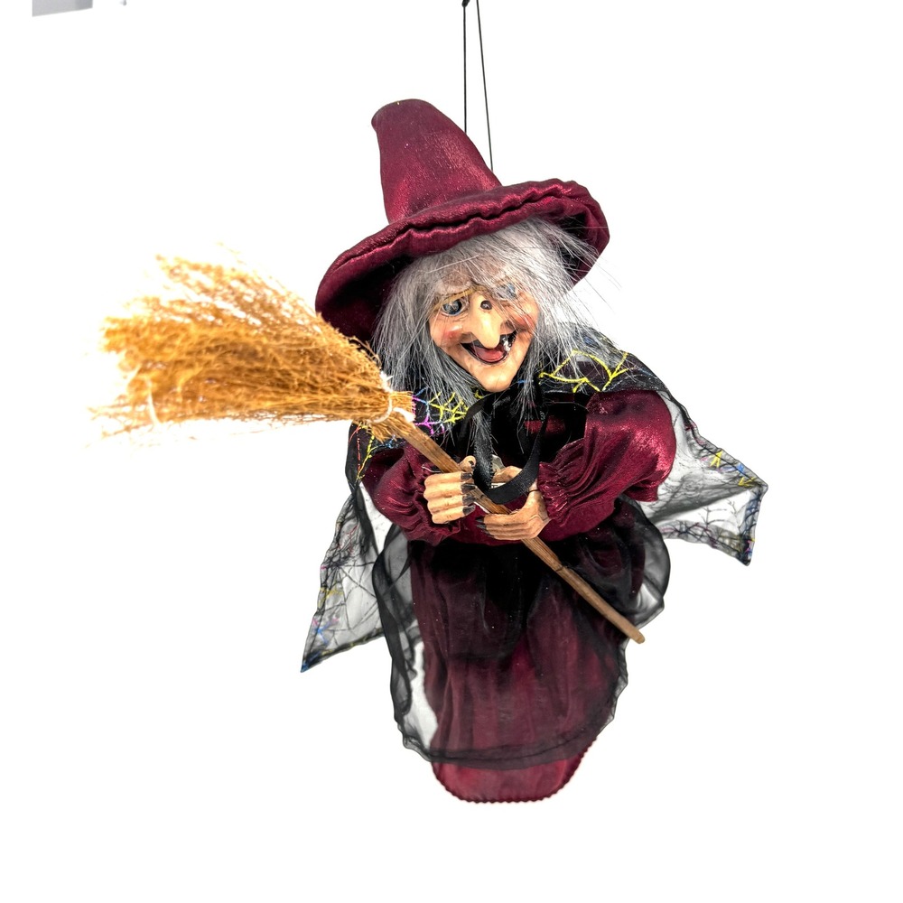 Ganz Vintage Halloween Flying Witch Hanging Decor Burgundy Dress Spiderweb Cape